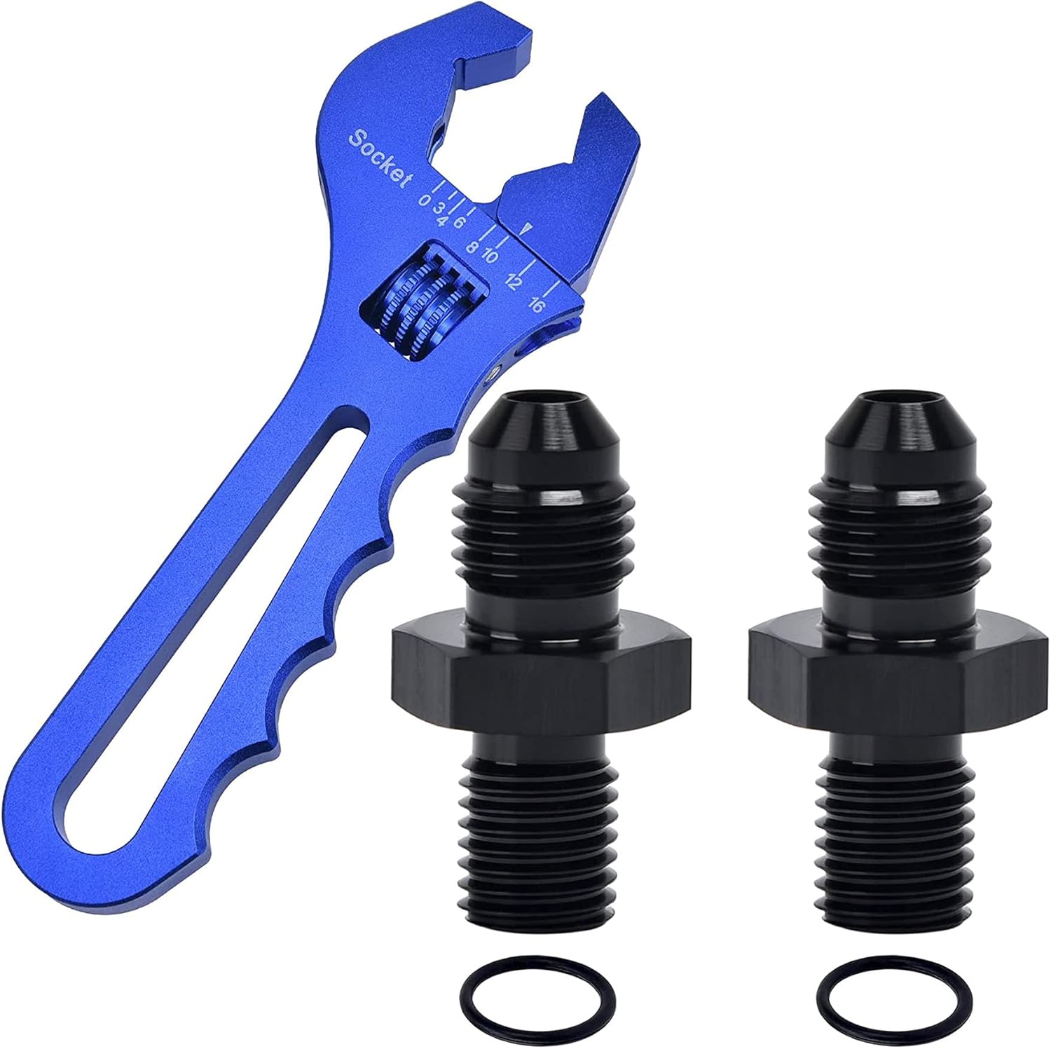 EVIL ENERGY 4AN Male to M10 x 1.25mm Male Metric Thread Fitting 2PCS Bundle with Adjustable 3AN-16AN Wrench Aluminum Blue