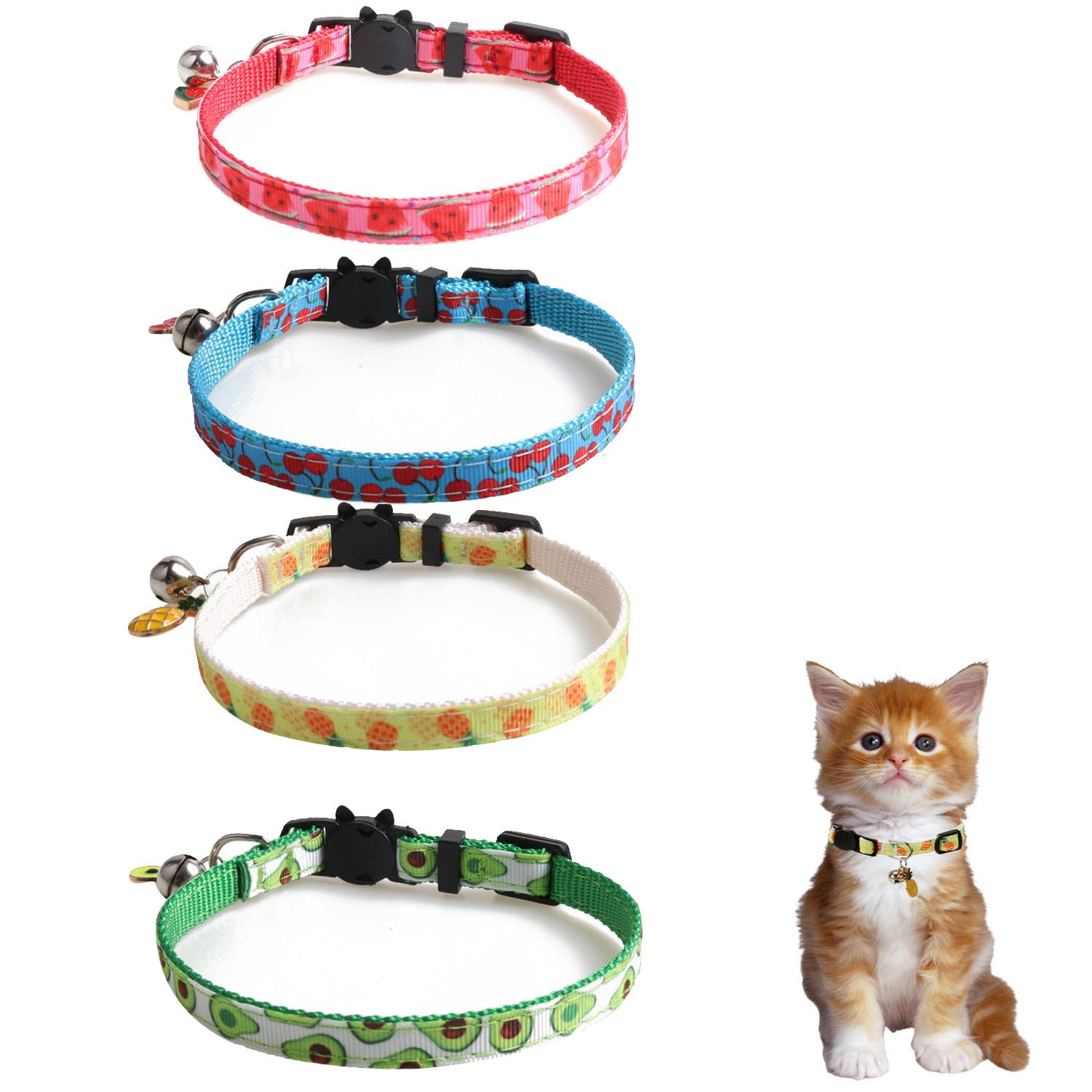 Pack de 4 collares para gato con campana y patron de frutas ajustables