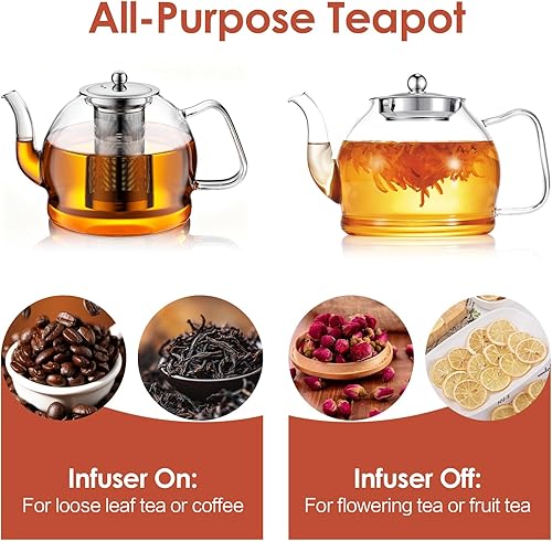 Miniatura 9 de Tetera de vidrio de 60.9 fl oz con infusor, tetera grande segura para estufas, tetera de vidrio de borosilicato hecha a mano, tetera de hojas