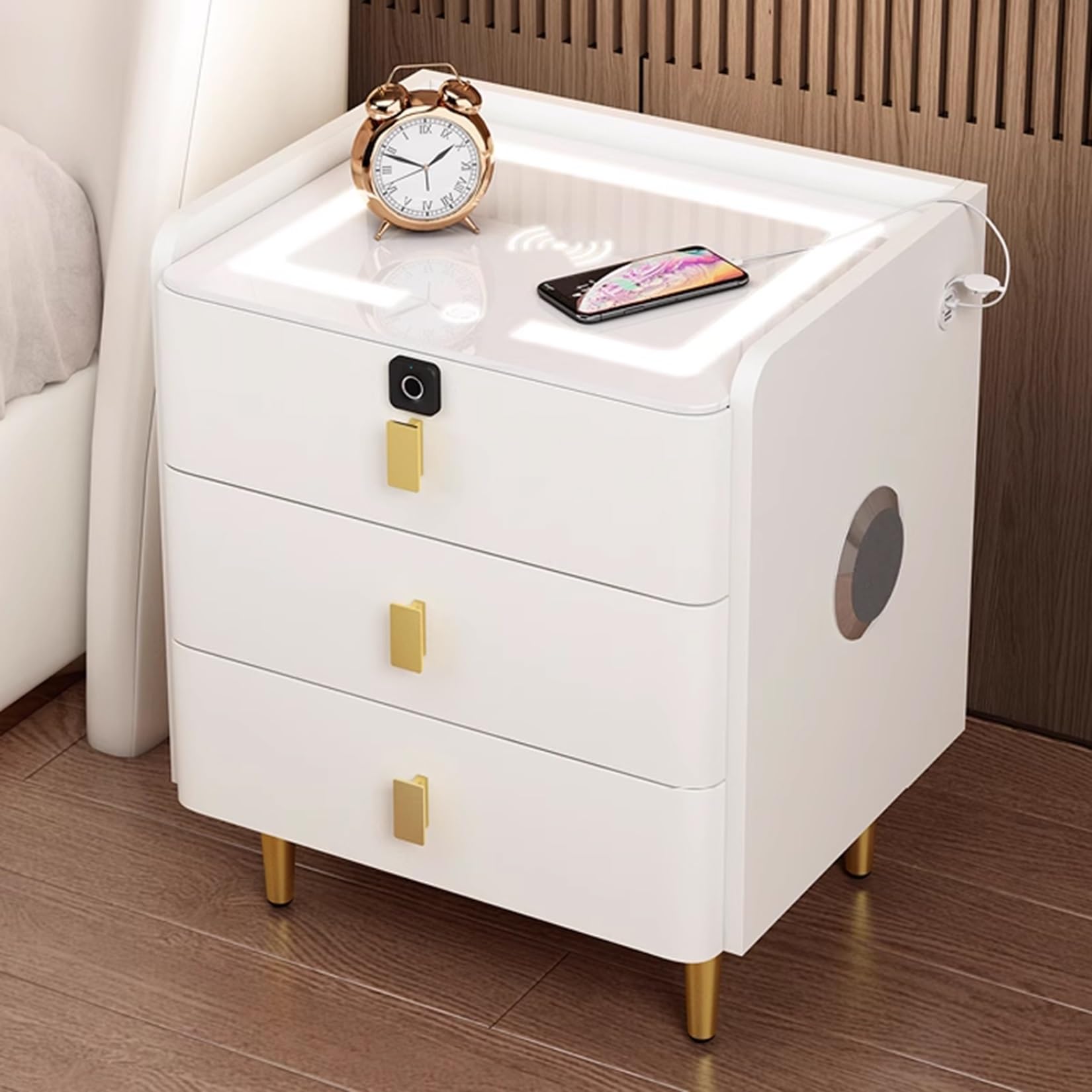 ASerZenith Nightstand With Charging Station And Fingerprint Lock,Bedside Tables With Led Lights And Usb Ports,3 Drawers End Tables,White-35Cm