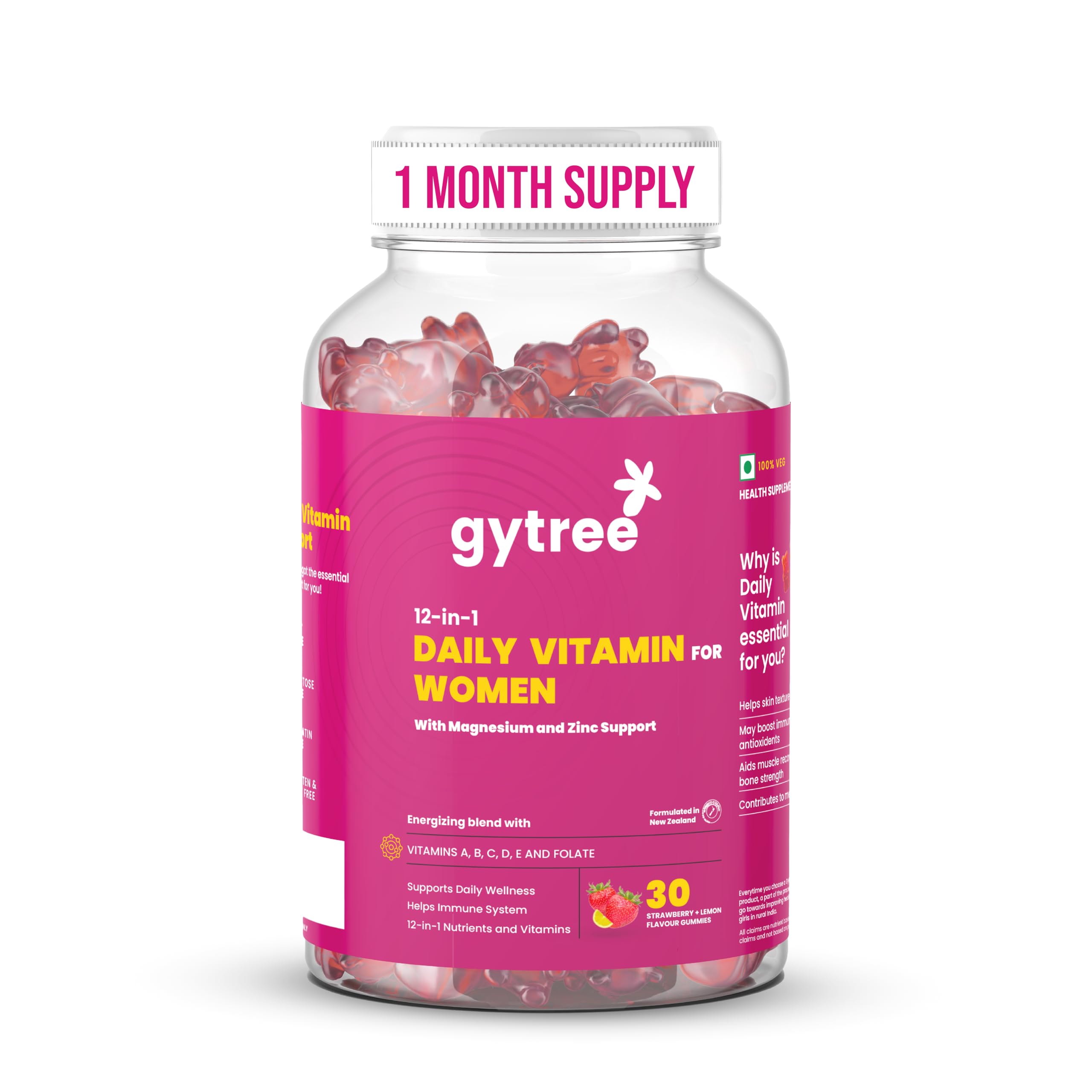 gytree multivitamin gummies for women | power of vitamin c, d, e, b12, magnesium and zinc | boosts muscle recovery, bone strength & skin health | strawberry & lemon flavour (30 count)