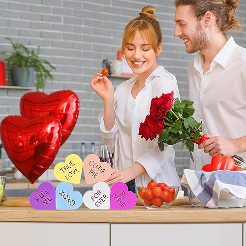 Miniatura 5 de Decoración del día de San Valentín, 6 letreros de corazón de madera con doble impresión para el hogar, mesa, bandeja escalonada, repisa, decoración