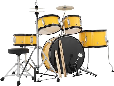 GarveeLife 5-Piece Junior Drum Kit for Kids, Complete Beginner Percussion Starter Set with Snare, Cymbals, Stool & Sticks Yellow