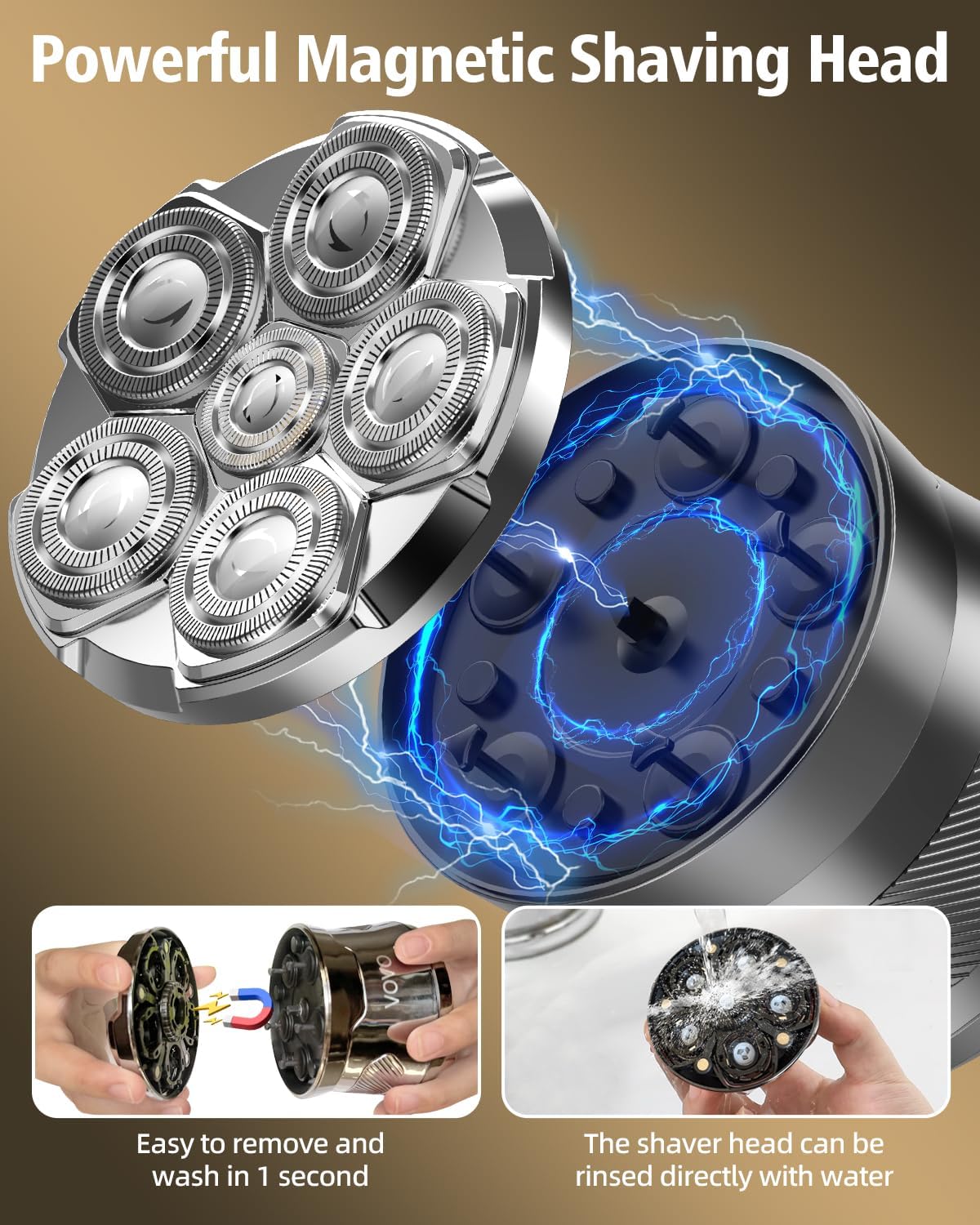 VOVOヘッドシェーバー ハゲ男性用 2速 6D 電動フェイスヘッドシェーバー 大容量 コードレス Type-C 充電式 IPX7