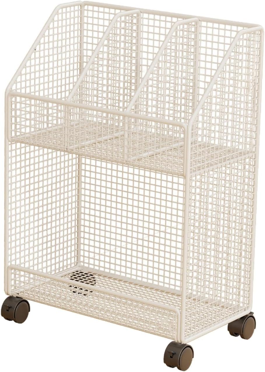 Rolling File Cart, Under Desk File Organizer Cart, Craft Clothes Organization Mobile Bookcase Multifunction for Dorm Library, White 2 Layer