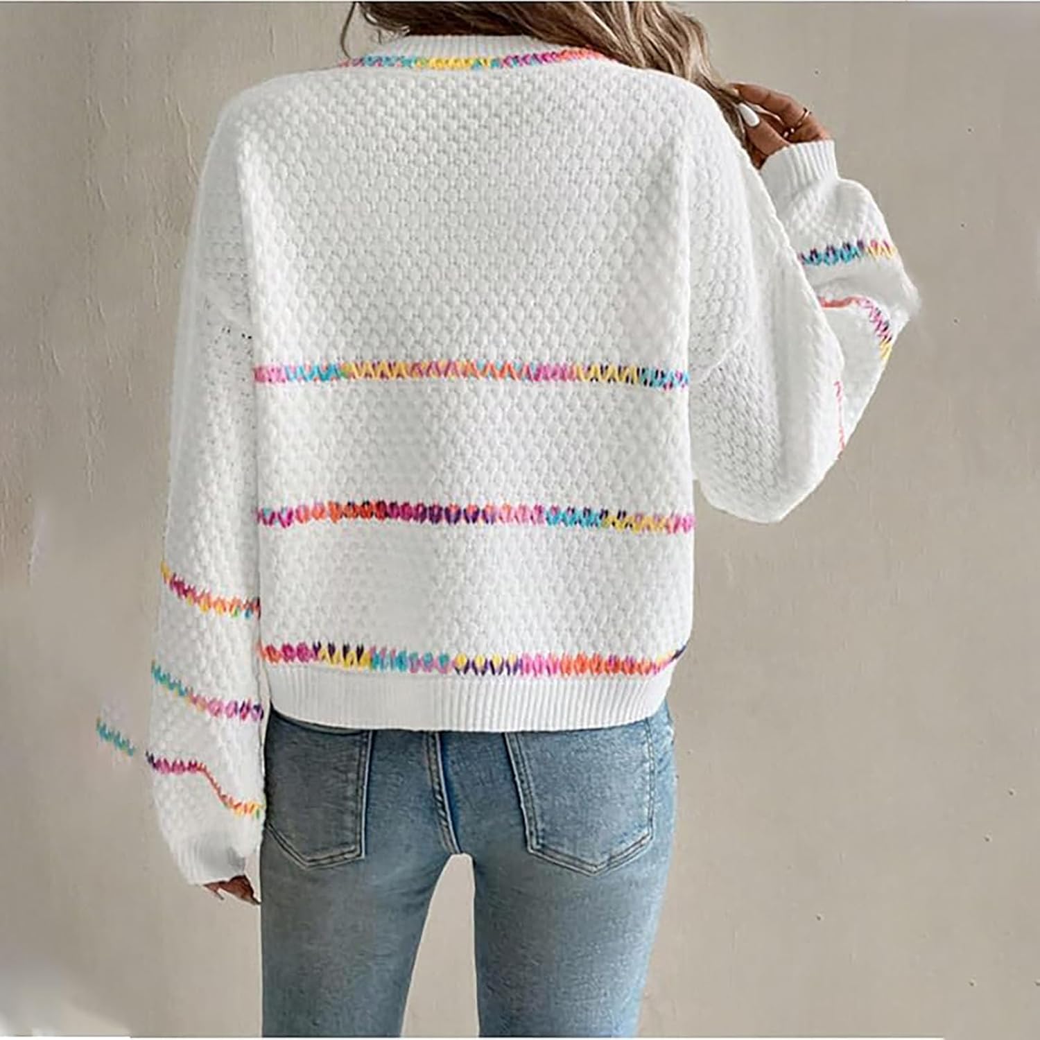 Womens Fall Sweaters Oversized Pullover V Neck Stripe Long Sleeve Drop Shoulder Knit Top Loose Rainbow Chunky Top - Image 6