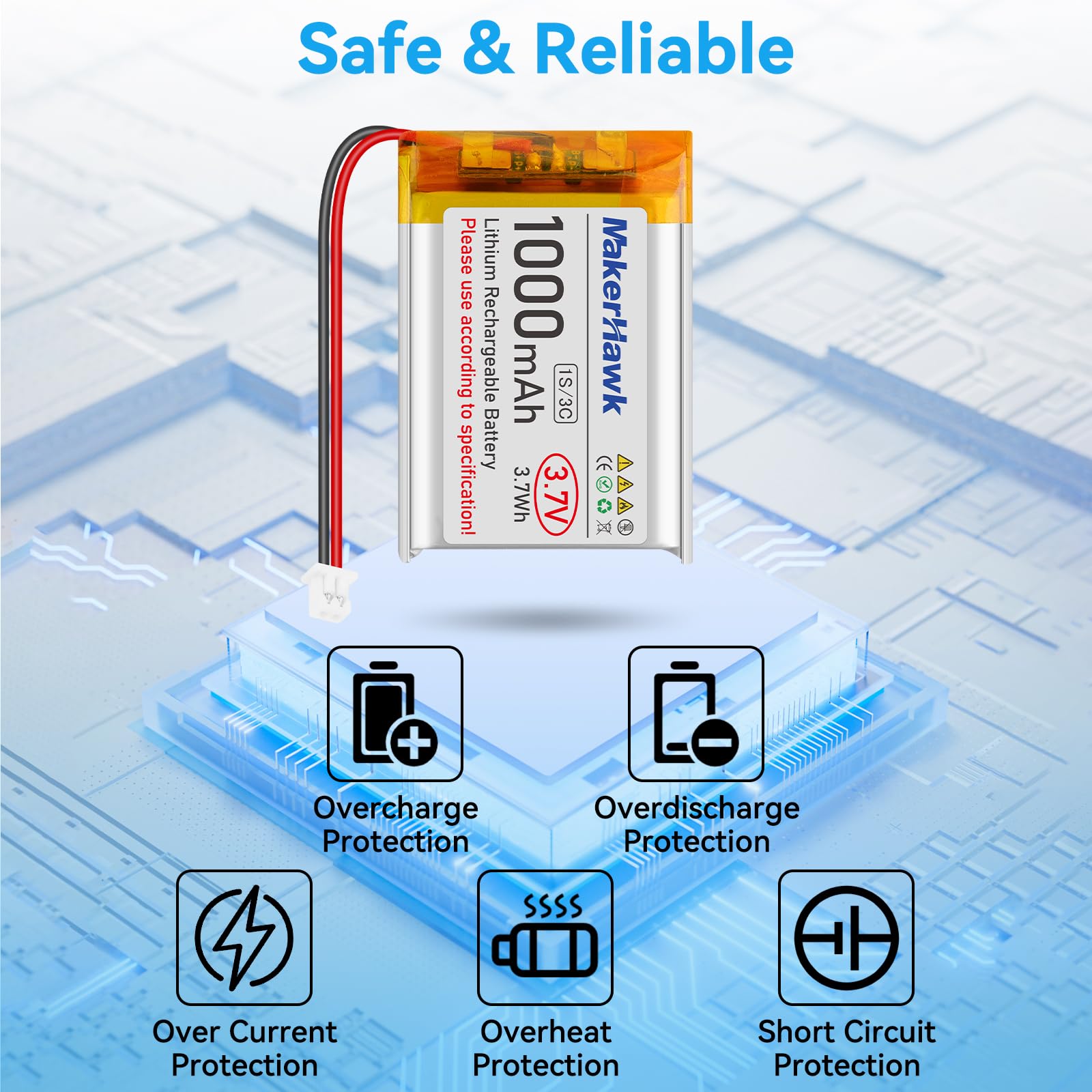 Amazon.com: MakerHawk 3.7V Lipo Battery 1000mAh 803040