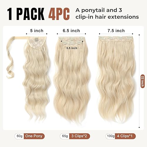 Miniatura 2 de FLUFYMOOZ Juego de 4 extensiones de cola de caballo media arriba y media plumón, extensiones de cabello sintético suave para mujer, extensiones de