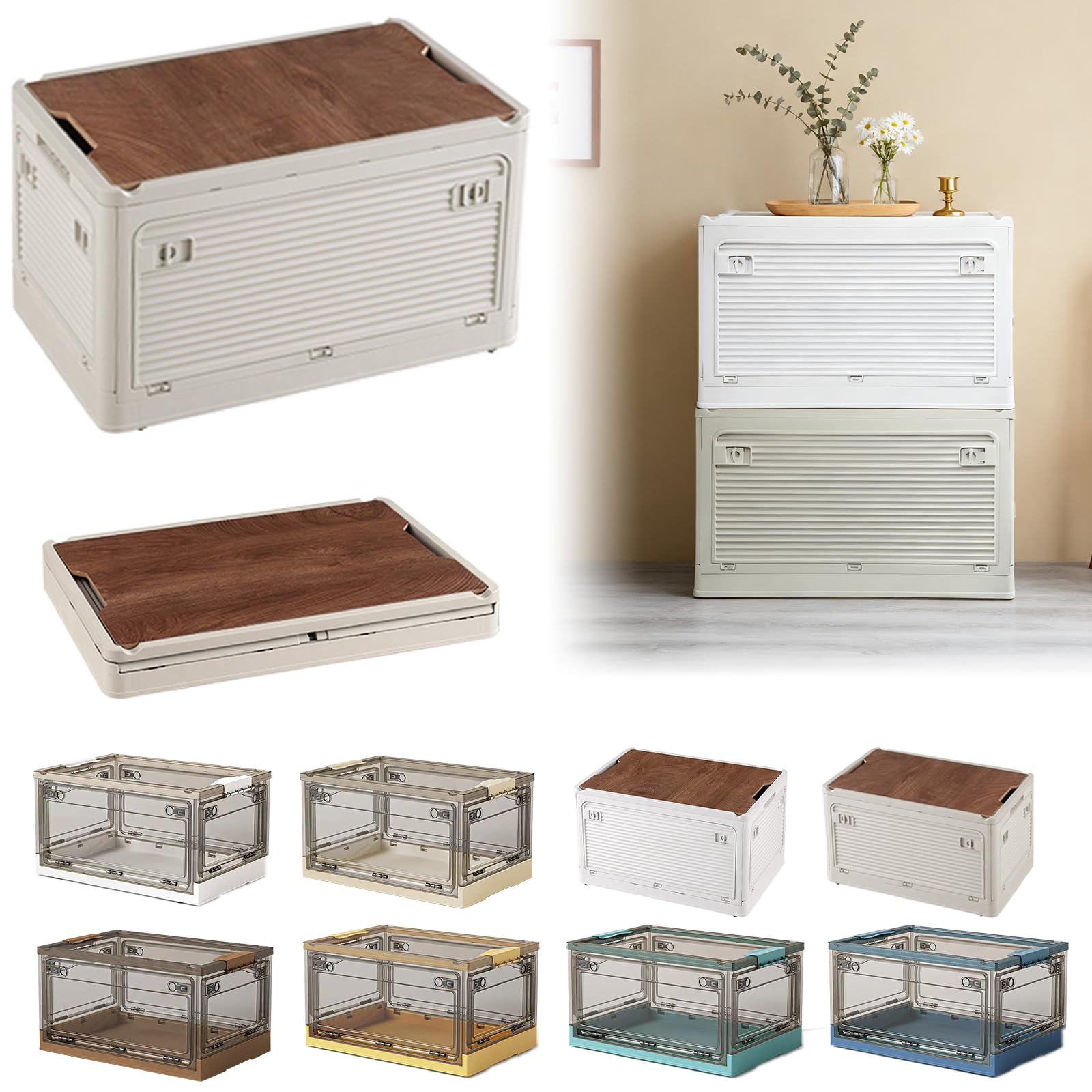 Amazon｜収納ボックス【大容量・木製蓋】折り畳み 5面開き 室内外適用