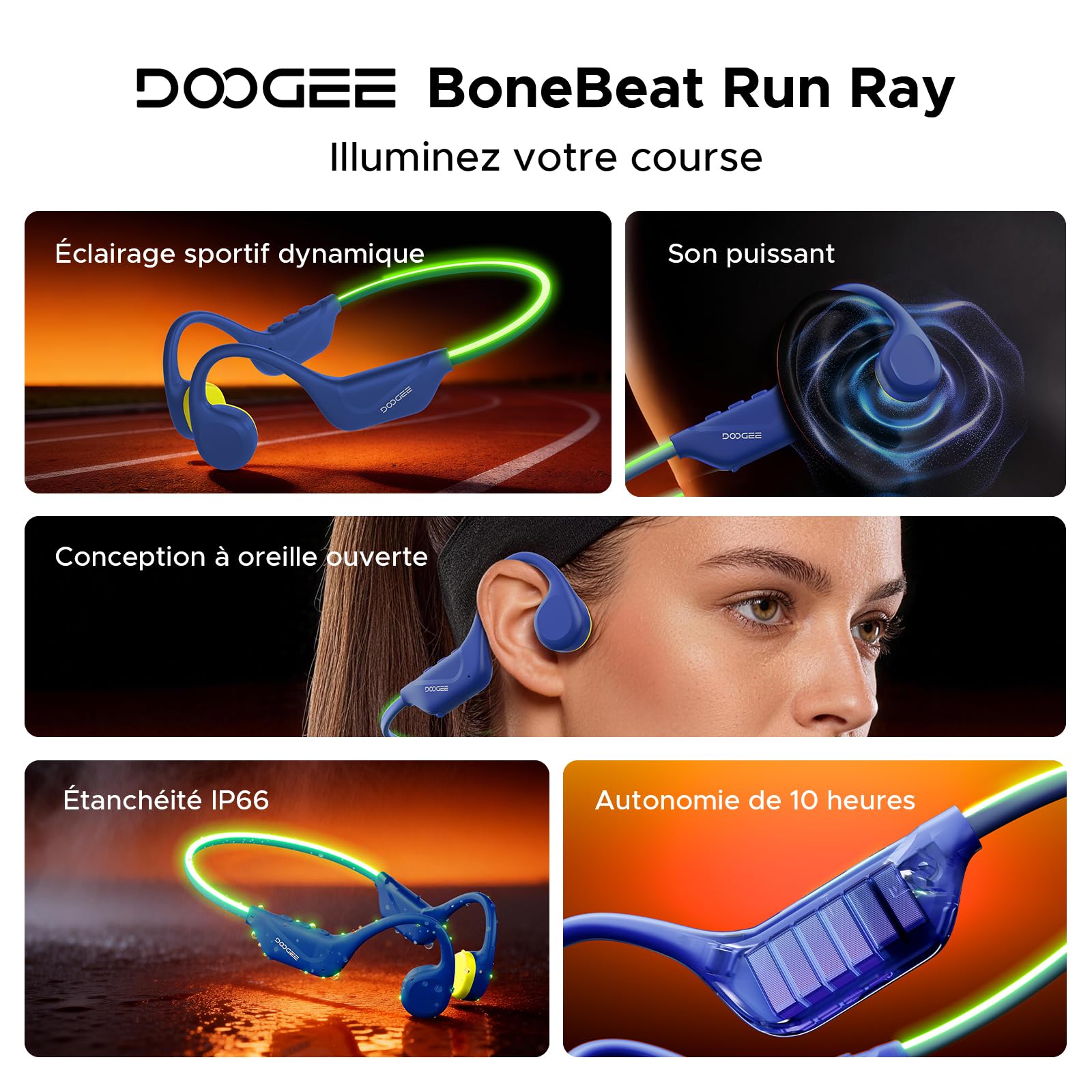 BoneBeatRunRay Casque à Conduction osseuse Open Ear Casque BT6 sans Fil écouteurs Sport Oreilles Libres Étanche IP66 Lumière Sécurité 10h Autonomie Charge Rapide Course Salle de Sport-Bleu