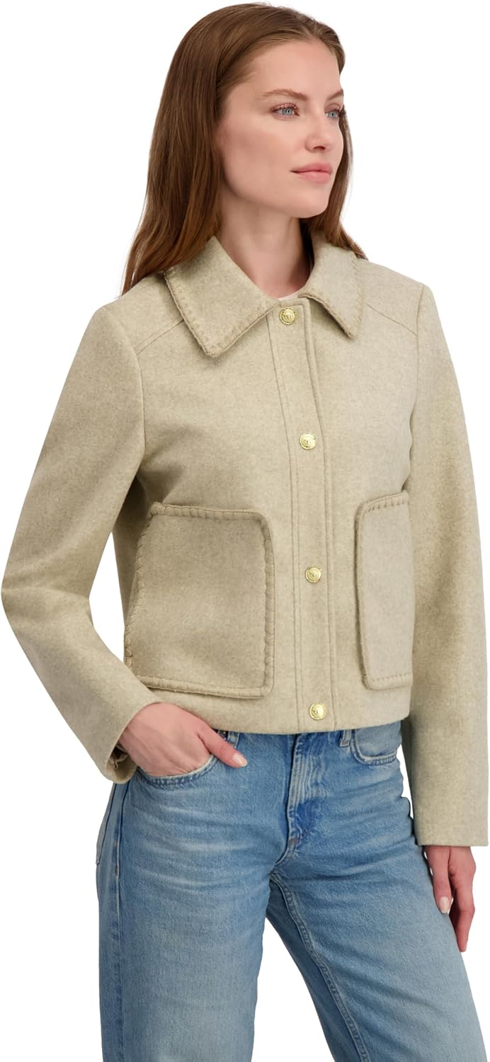 Laundry by Shelli Segal Women's Faux Wool Cropped Jacket– Blanket Stitch Detail, Snap Closure, Epaulette Accent
