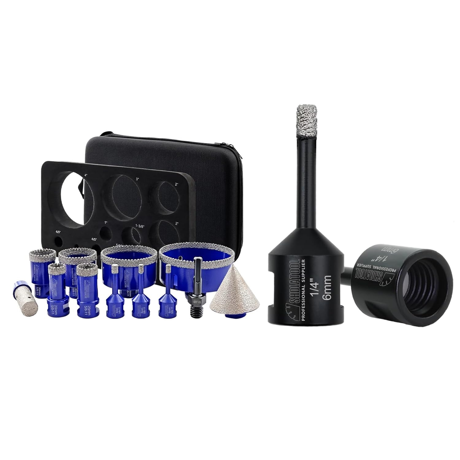 SHDIATOOL Diamond Drill Core Bits Kit Hole Saw Sets Diamond Drilling Mould Guide for Porcelain Tile Marble Ceramic Granite with Hollow EVA Guide Jig 12pcs(6/6/8/20/25/35/50/75/100/20MM/2inch/SDS)