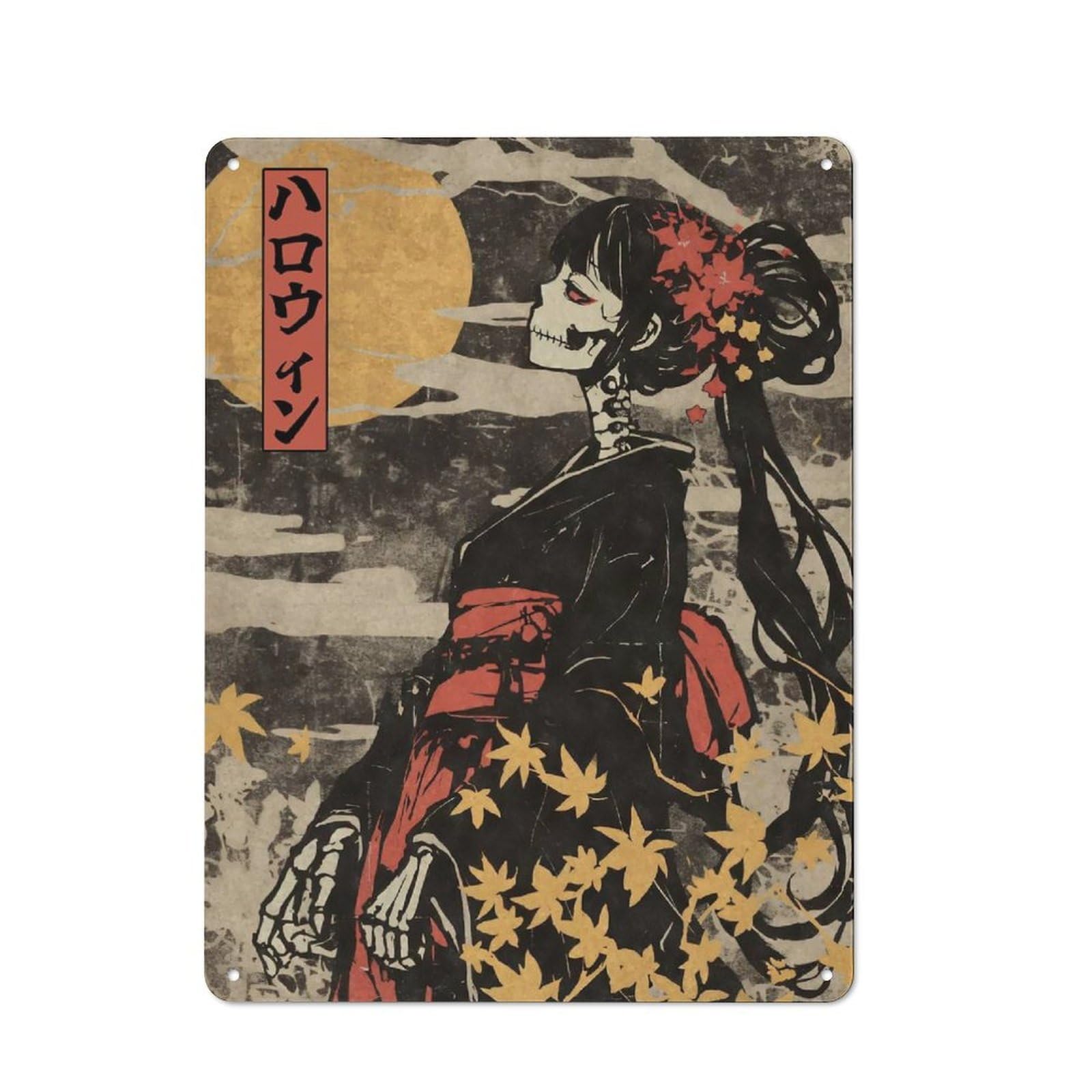 Junmoney Skeleton Geisha In Kimono Retro Metal Plaque 40X30cm Featuring For Garage Wall, A Winter Wall Decor Update For Workshop Decor Fans