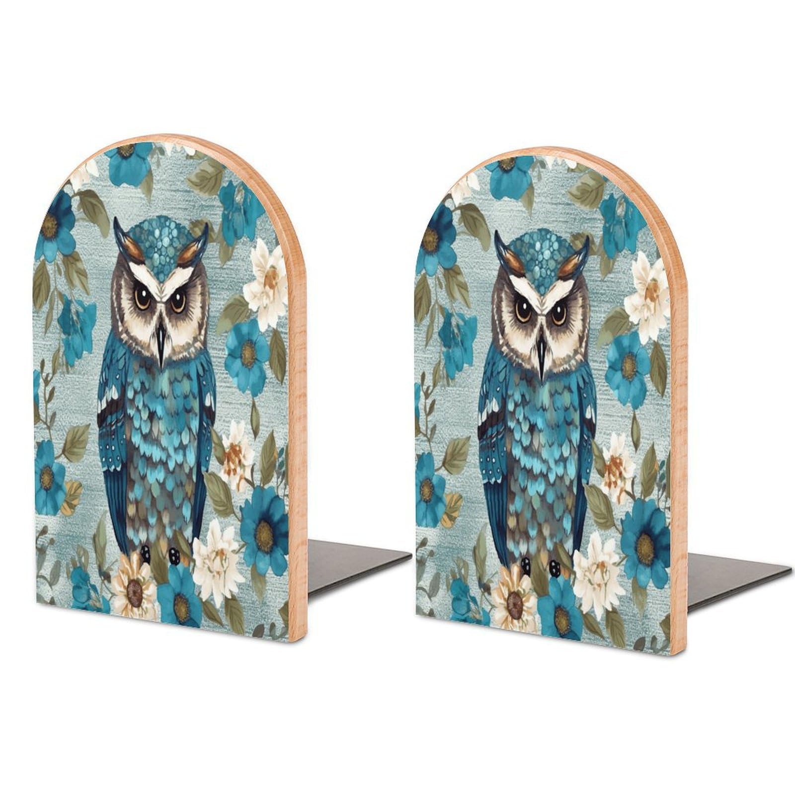 Owl Spring Flowers Turquoise Bookend Wood Book End for Shelves Heavy Duty Non-Slip Wooden Bookend Support Universal Economy Bookends Fancy Modern Decorative Book Accessories 1 Pairs