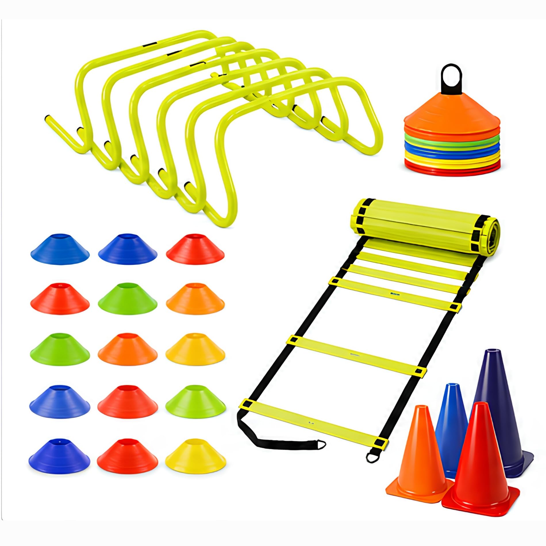 Speed Agility Training Set, 6 Hurdles, 6 Marker Cones, 20 Saucer Cones, 4 Meter Ladder, Multi-Color-picture-24