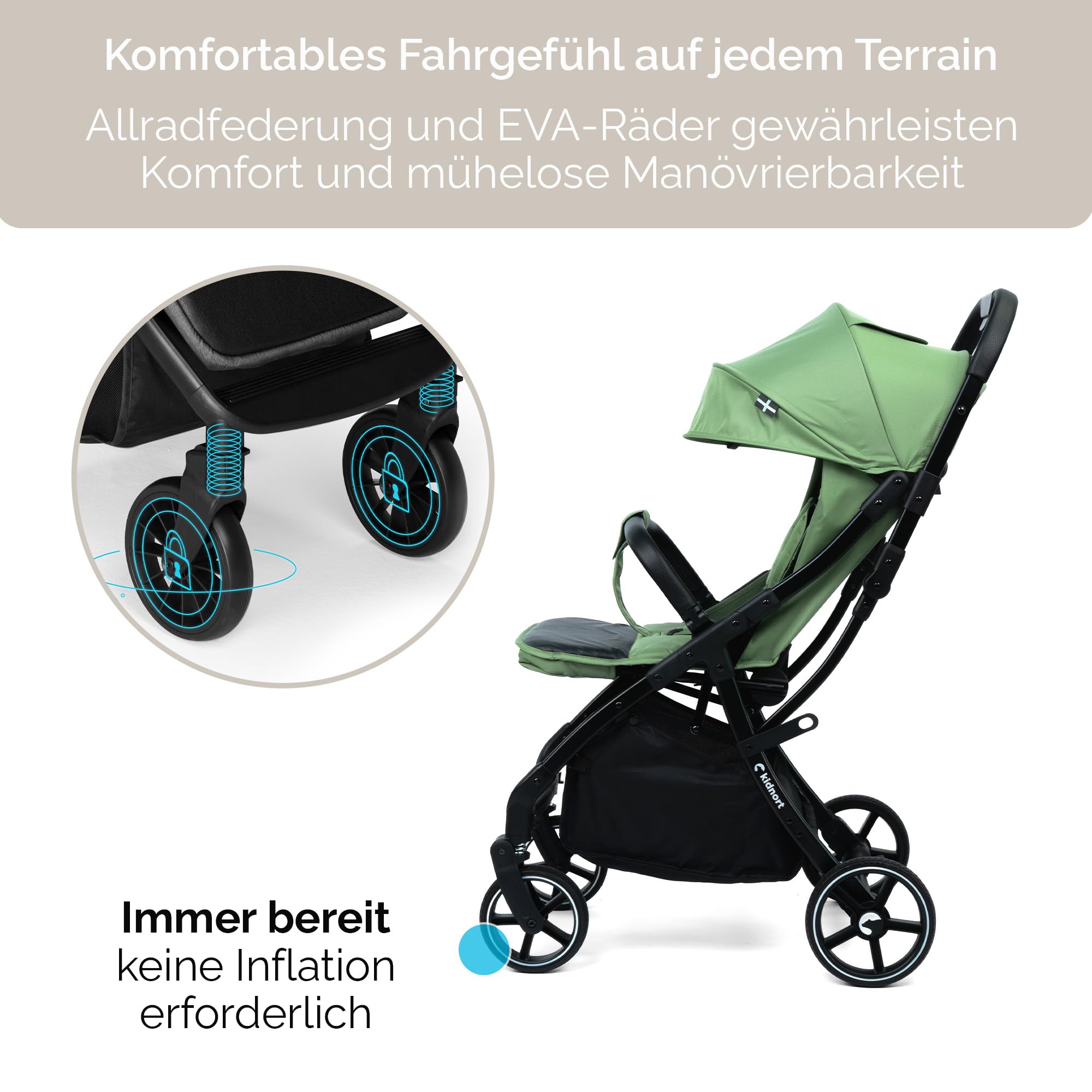 Fjällräv Buggy leicht faltbar ab Geburt bis 22 kg mit Liegefunktion, 5-Punkt-Gurt, verstellbarer Rückenlehne und Fußstütze, Belüftungsfenster, Zubehörset Grün