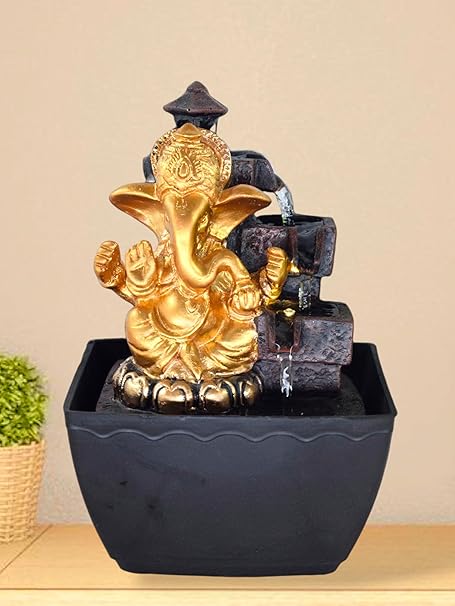 VIVARS Polyresin Lord Ganesha Water Fountain with LED Lights - Perfect for Pooja Room, Home Decor, Office, Indoor Decoration, and Gifting