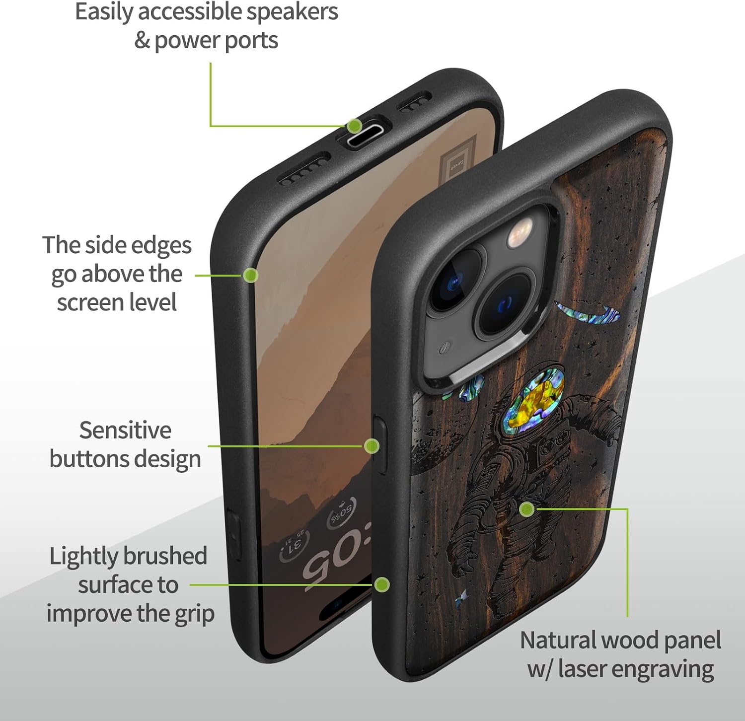 Carveit Wooden Case for iPhone 15 Magnetic Case, Compatible with MagSafe Wireless Chargers, Shockproof Cover, Handmade Shell Inlaid & Wood Artisan Engraved (Cosmic Wanderer) Blackwood