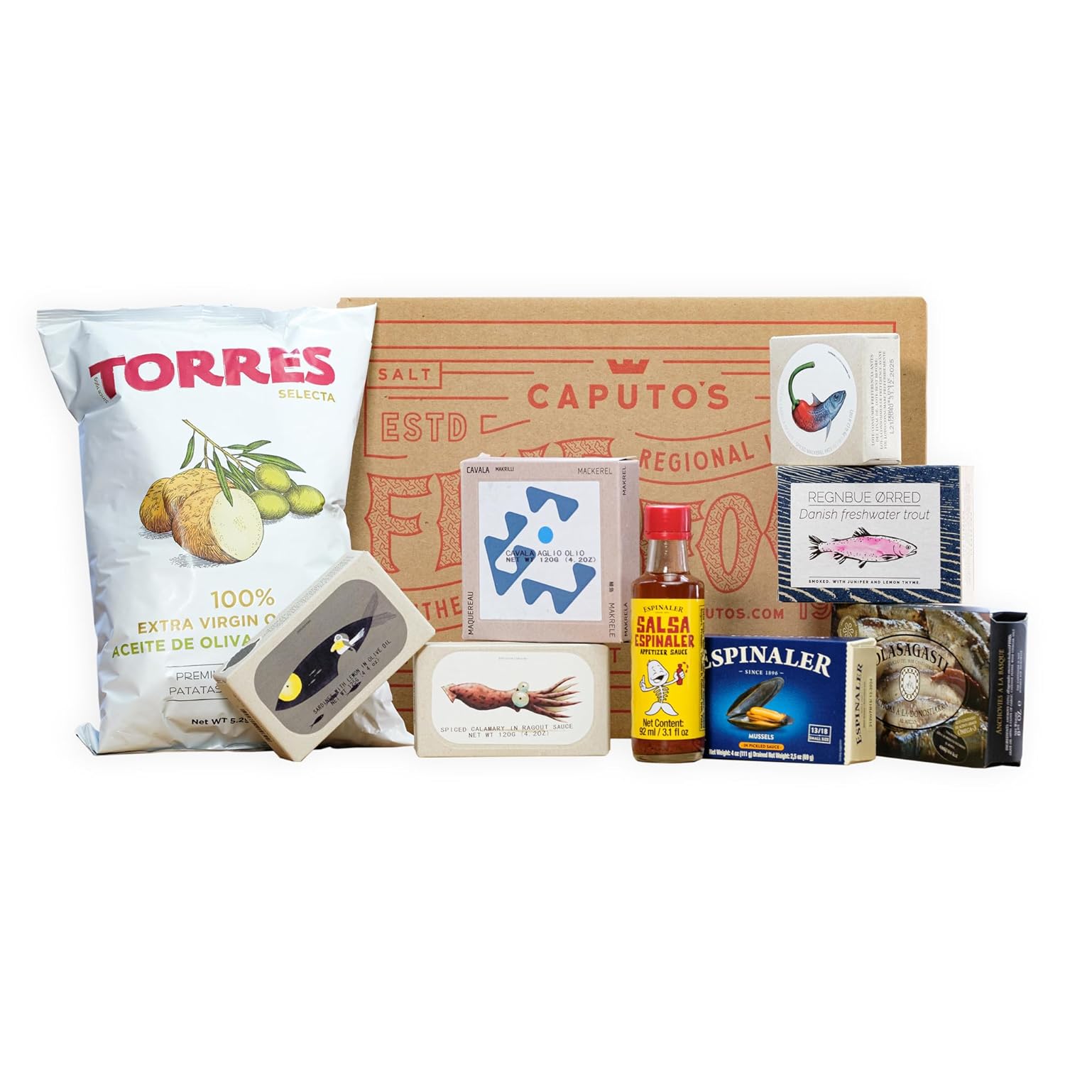 Feast of Seven Tinned Fishes | Omega-3, Wild Caught, | Jose Gourment, ABC+, Fangst, Olasagasti, Espinaler | Seven Cans of Gourmet Fish with Sauce and Potato Chips