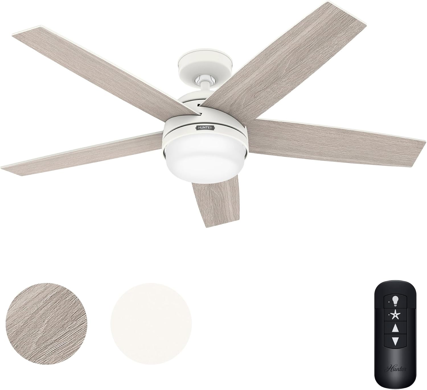 Hunter Fan 52 inch Matte White Indoor/Outdoor Ceiling Fan with Light and Remote for Porch, Living Room/Family Room, Dining Room, Office (Renewed)