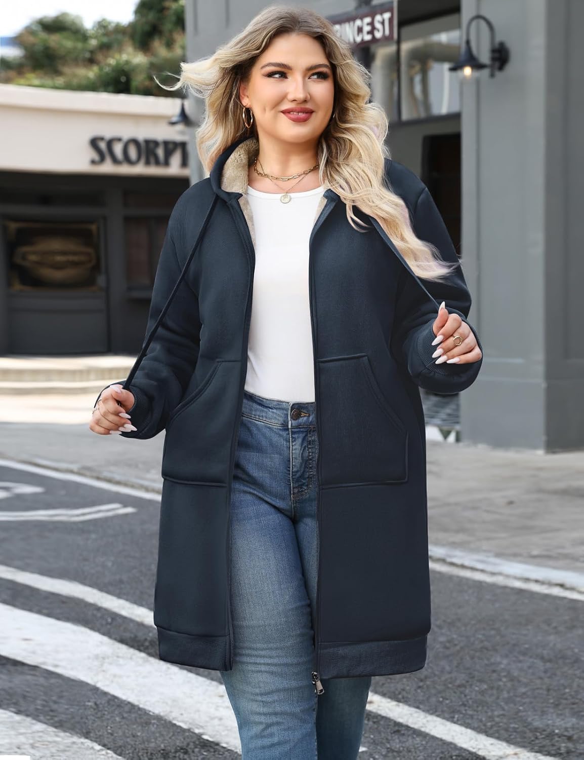 Casual Zip Up Hoodie for Women, Long Tunic Fleece Jacket Plus Size Coat, Warm Winter Hooded Outerwear - Image 3