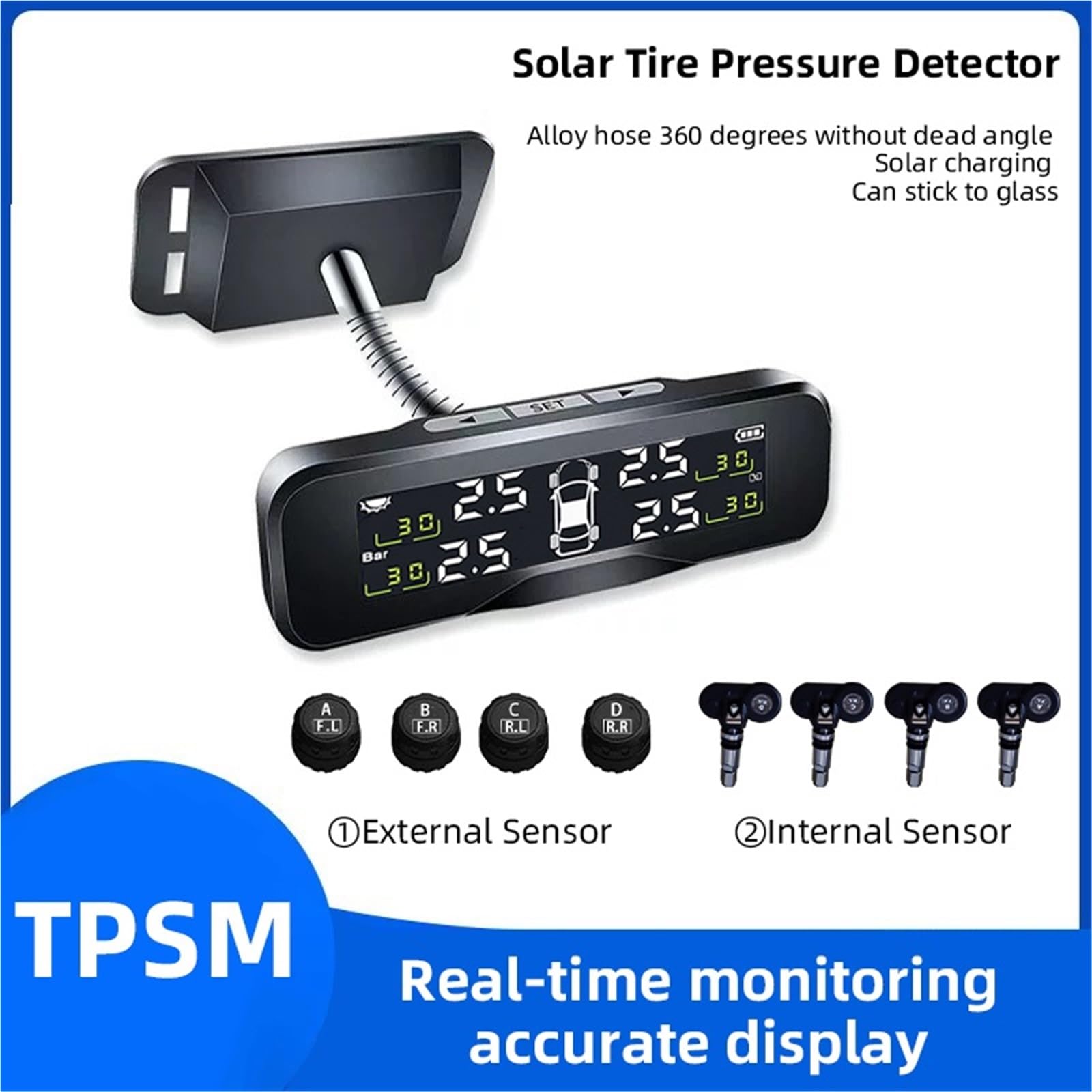 Sensor de Presión de Neumáticos Monitor Presión Neumáticos para Detector Solar Inalámbrico, para Coche, Sensor Integrado Y Externo, Celda Carga(Built in Sensor)
