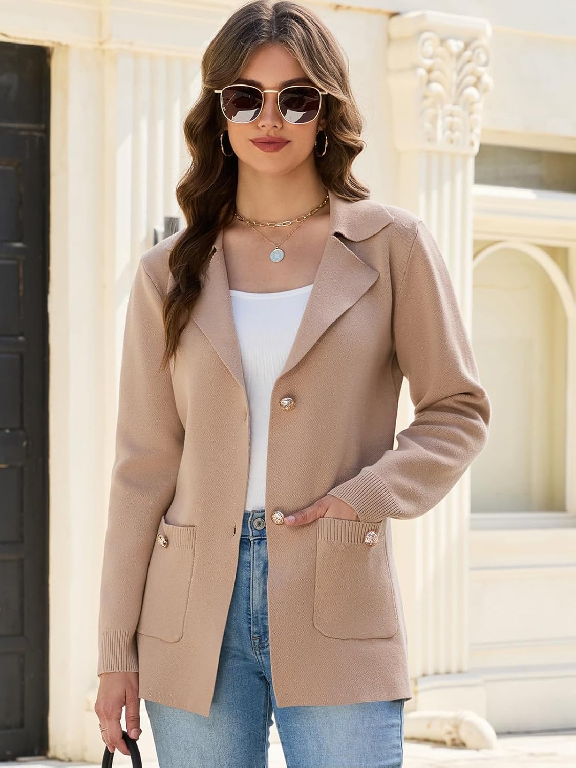 HOUZONIY Sweater Blazers for Women Business Casual Long Sleeve Open Front Lapel Suit Jackets Work Soft Blazer with Pockets - Image 2