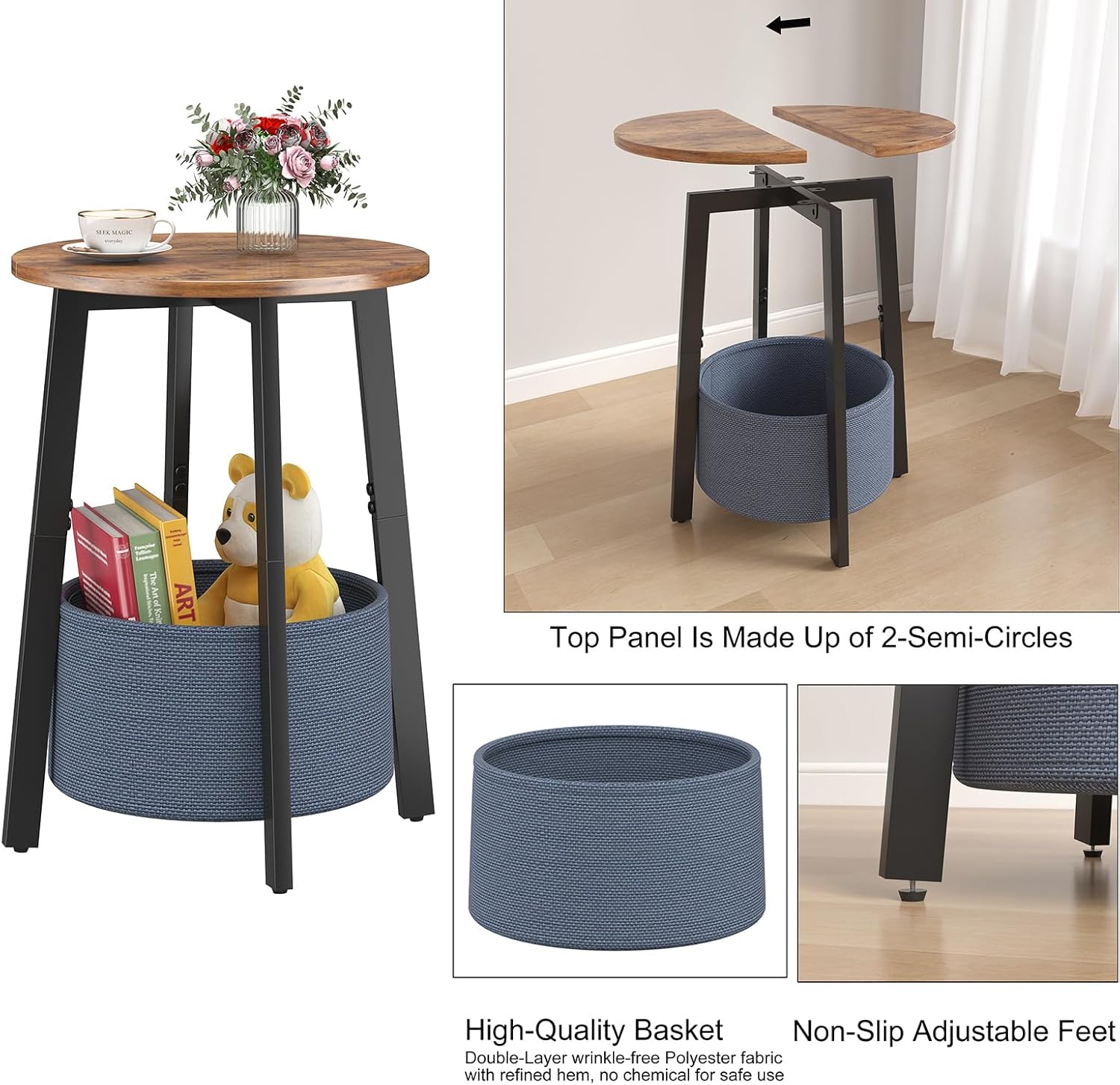 sthmec Small Round Side End Table with Storage Basket, Round Bedside Sofa Couch Coffee Tables for Small Places with Metal Frame, Modern Nighstands for Living Room Bedroom, Rustic Brown