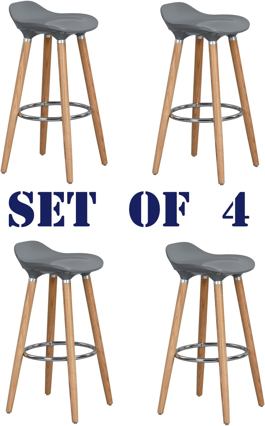 Set of 4 Bar Chairs Grey with Footrest Wooden Frame - Jasmine Bar Stools