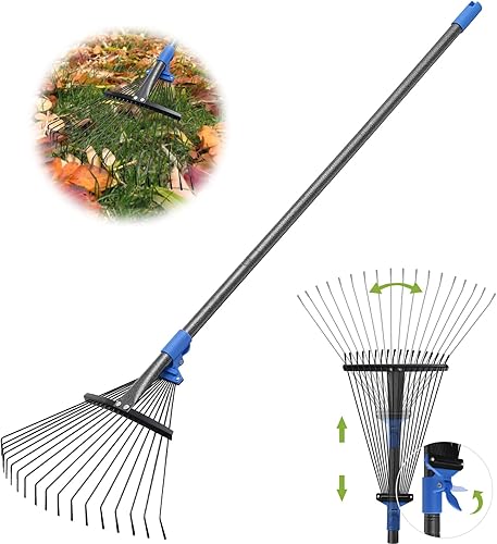 Rastrillo de hojas de jardín, rastrillo de patio con cabeza de ancho ajustable de 9 a 18 pulgadas, rastrillo para césped resistente con mango