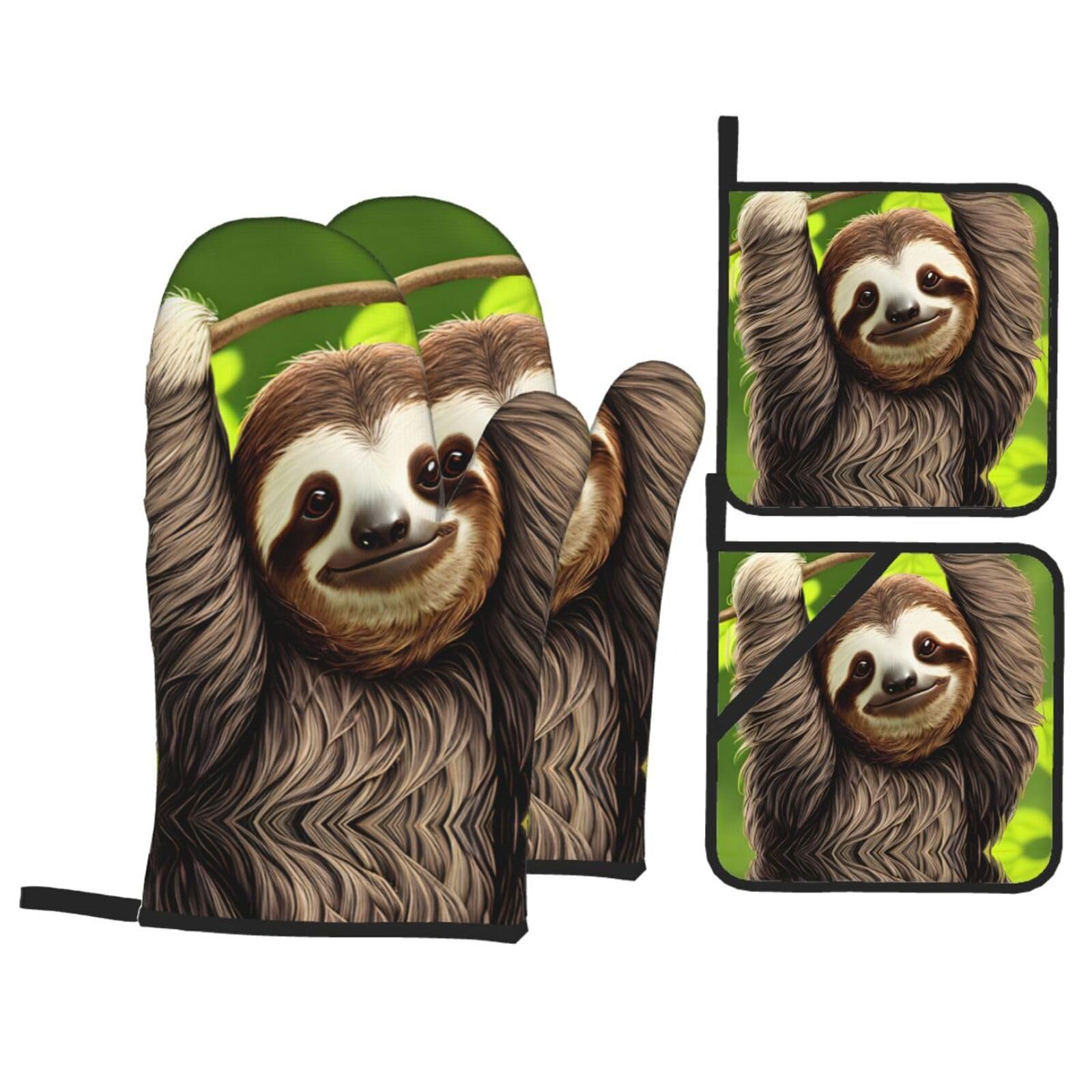 HJFCZH Cute Sloth Prints Kitchen Throw Set: Durable Oven Layers with Waterproof Polyester – 4 Piece Heat Protection System