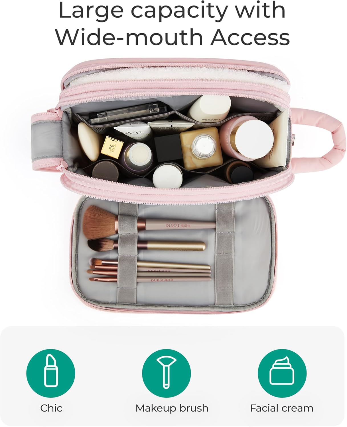 BAGSMART Travel Toiletry Bag for Women, Puffy Cosmetic Makeup Bag Organizer, Large Wide-open Travel Organizer for Toiletries, Dopp Kit Water-resistant Makeup Case for Accessories-Pink - Image 5