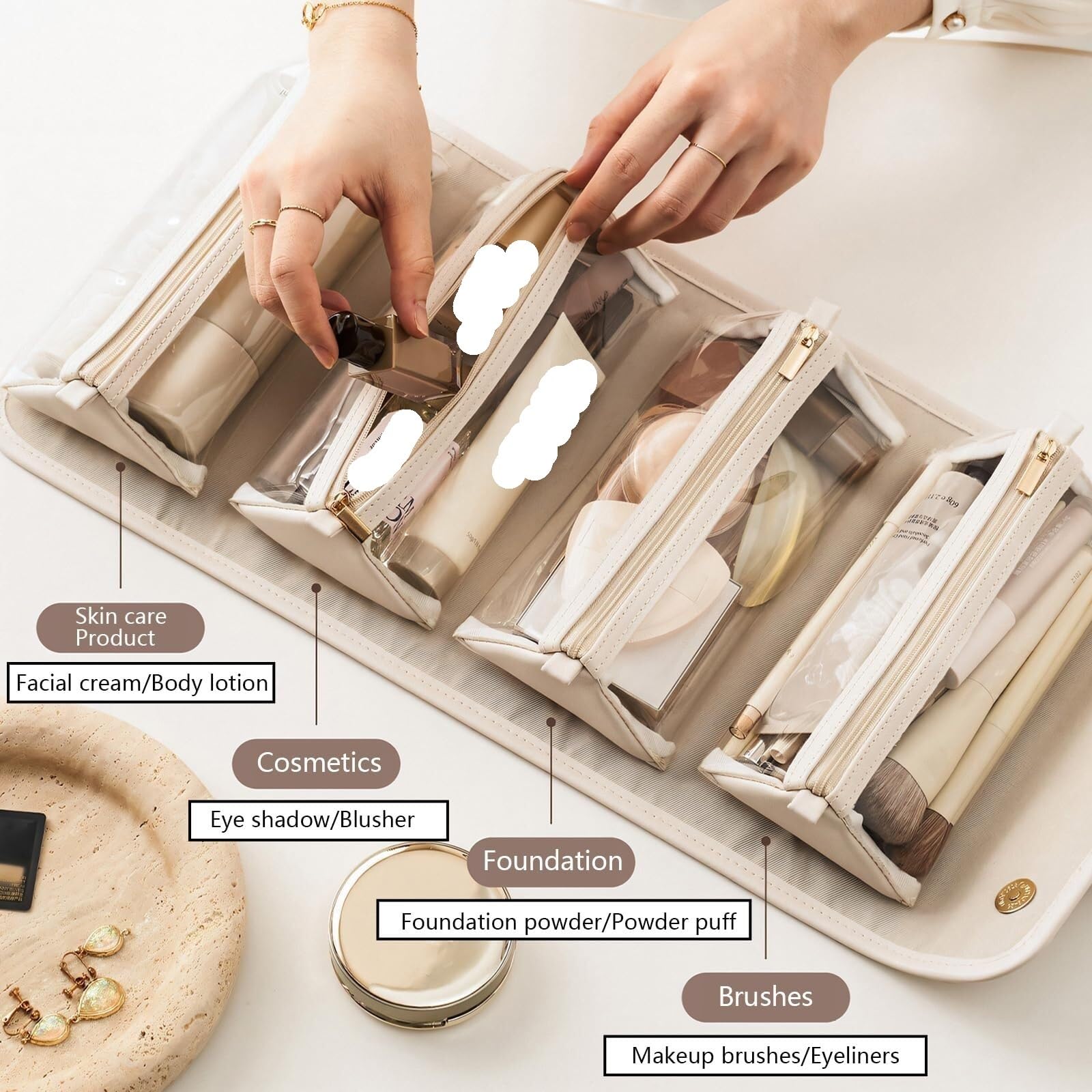 RUVOO Portátil para Viaje Bolsas Bolsa De Maquillaje De Viaje Bolsa De Almacenamiento De Cosméticos Portátil con Compartimentos Y Asa Organizador Maquillaje(White)
