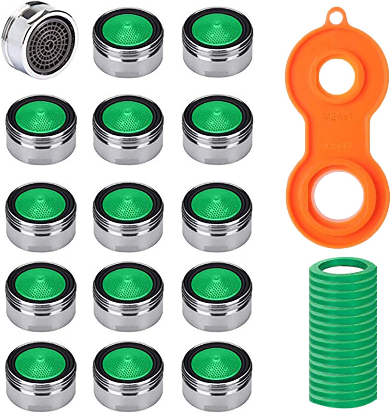 Tap Aerators 24mm Male with Wrench,AOBETAK 15 Pcs Water Faucet Brass Filter Nozzle with Gasket Polished, Water Saving Replacement Part M24 for Kitchen Bathroom,1 Tap Aerator Key Included