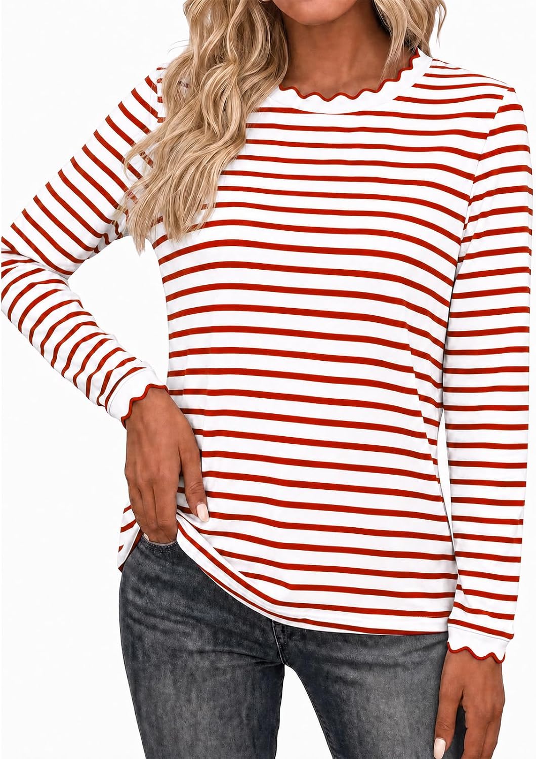 Tankaneo Womens Long Sleeve Striped Shirts Casual Cotton Scalloped Tops image 5