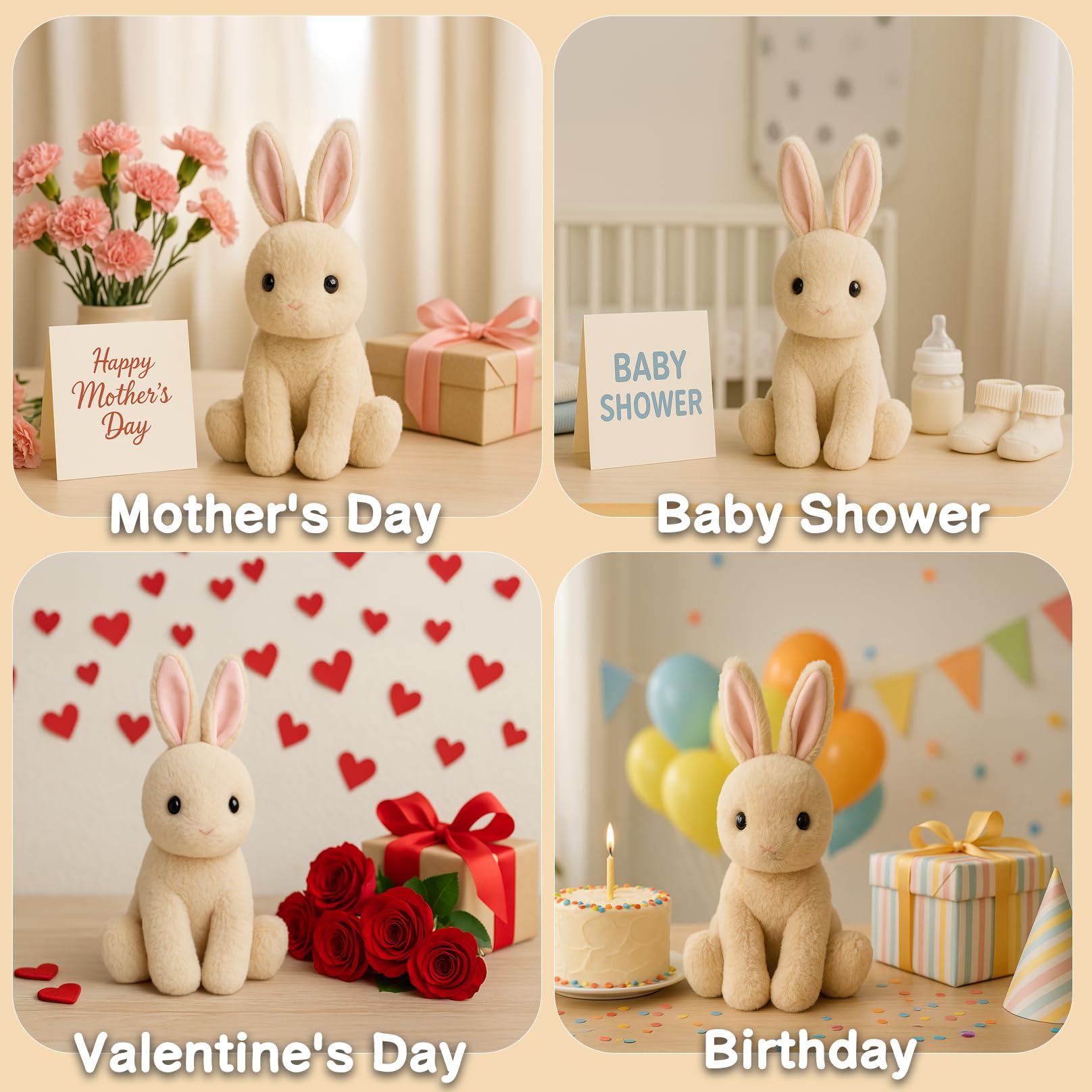 WEIGEDU Adorable conejito de peluche, juguete de peluche SOFE para niños, niñas, bebés, cumpleaños, Pascua, Navidad, regalo para dormir, 17.3 pulgadas, beige y rosa