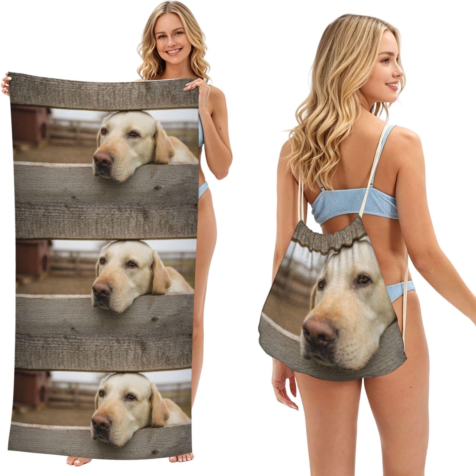 Poadnly As Picture Labrador Retriever Photos, 2 In 1 Packable Towel Bag, Beach Towels With Drawstring Backpack For Travel Holiday Camping
