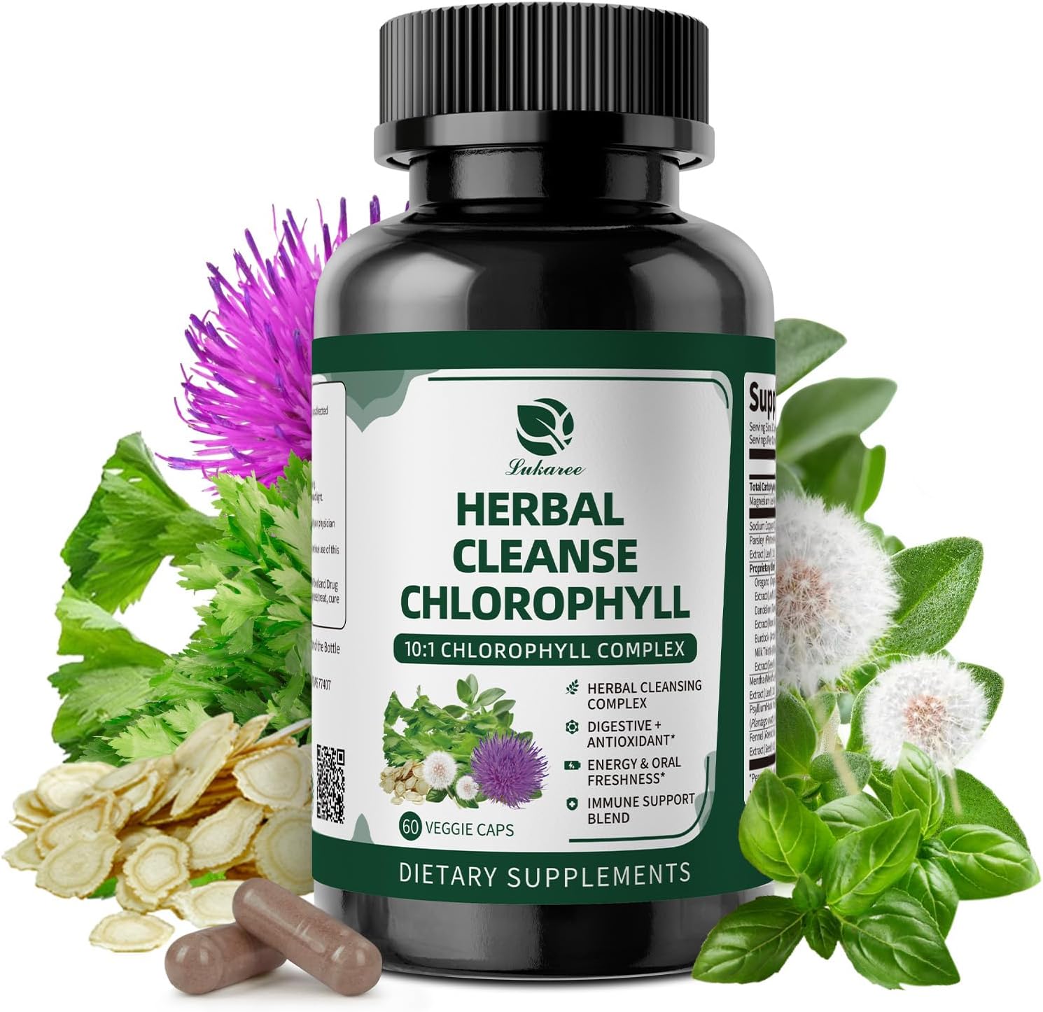Chlorophyll Herbal Complex Capsules, 60 Vegan Chlorophyll Capsules for Detox, Digestion, Gut & Skin Health, Energy & Immune Support, Long-Term Freshness & Well-Being