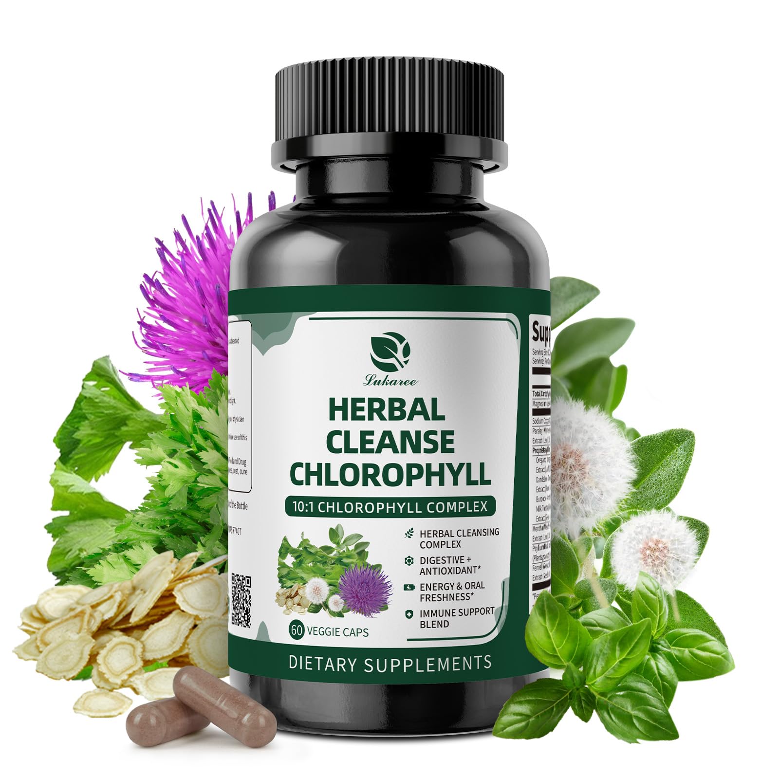 Lukaree Chlorophyll Herbal Complex Capsules, 60 Vegan Chlorophyll Capsules for Detox, Digestion, Gut & Skin Health, Energy & Immune Support, Long-Term Freshness & Well-Being