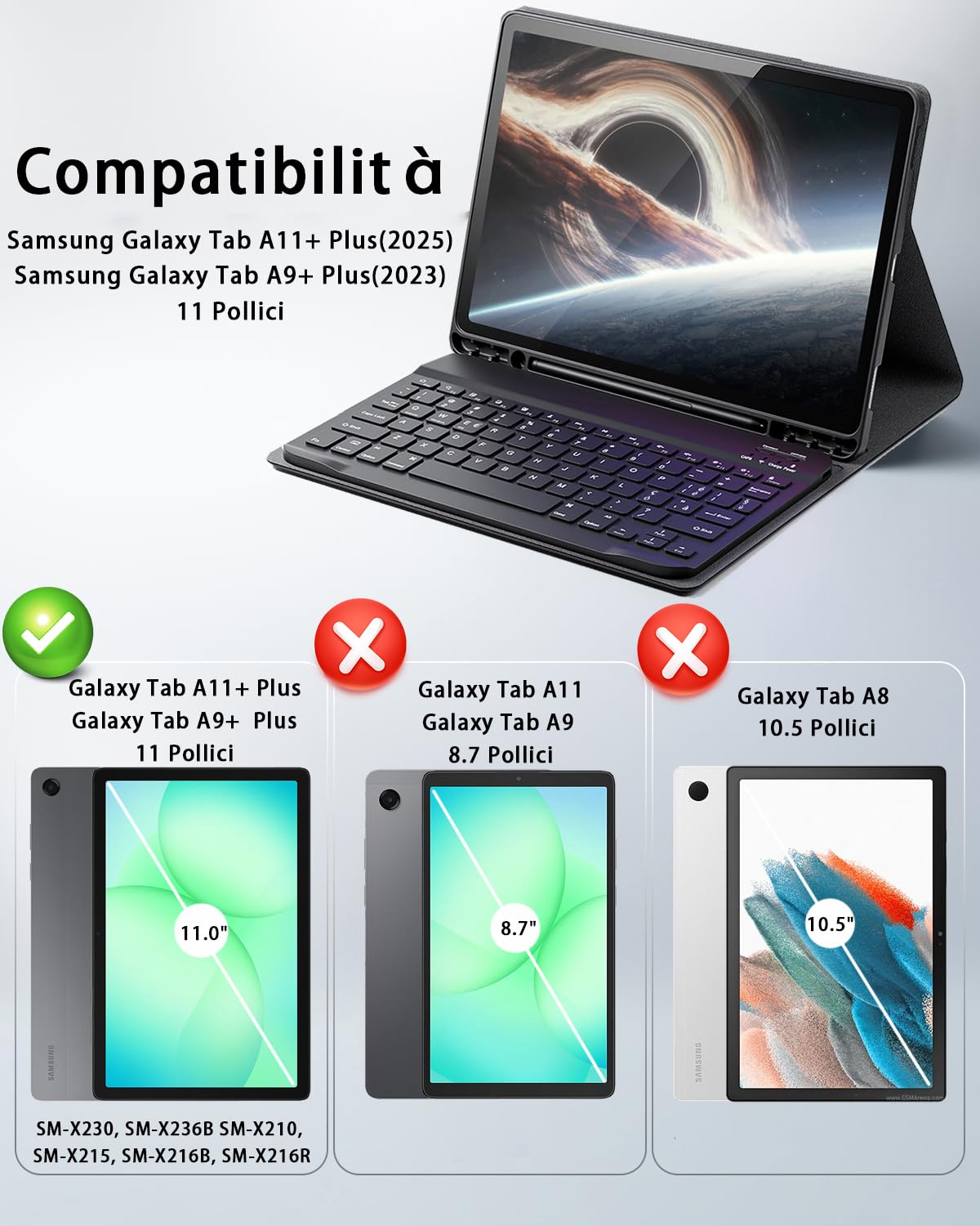 Samsung Galaxy Tab A11+ Plus 2025 Cover con Tastiera Bluetooth Wireless QWERTY e Mouse, Custodia Protettiva Keyboard Case Nero