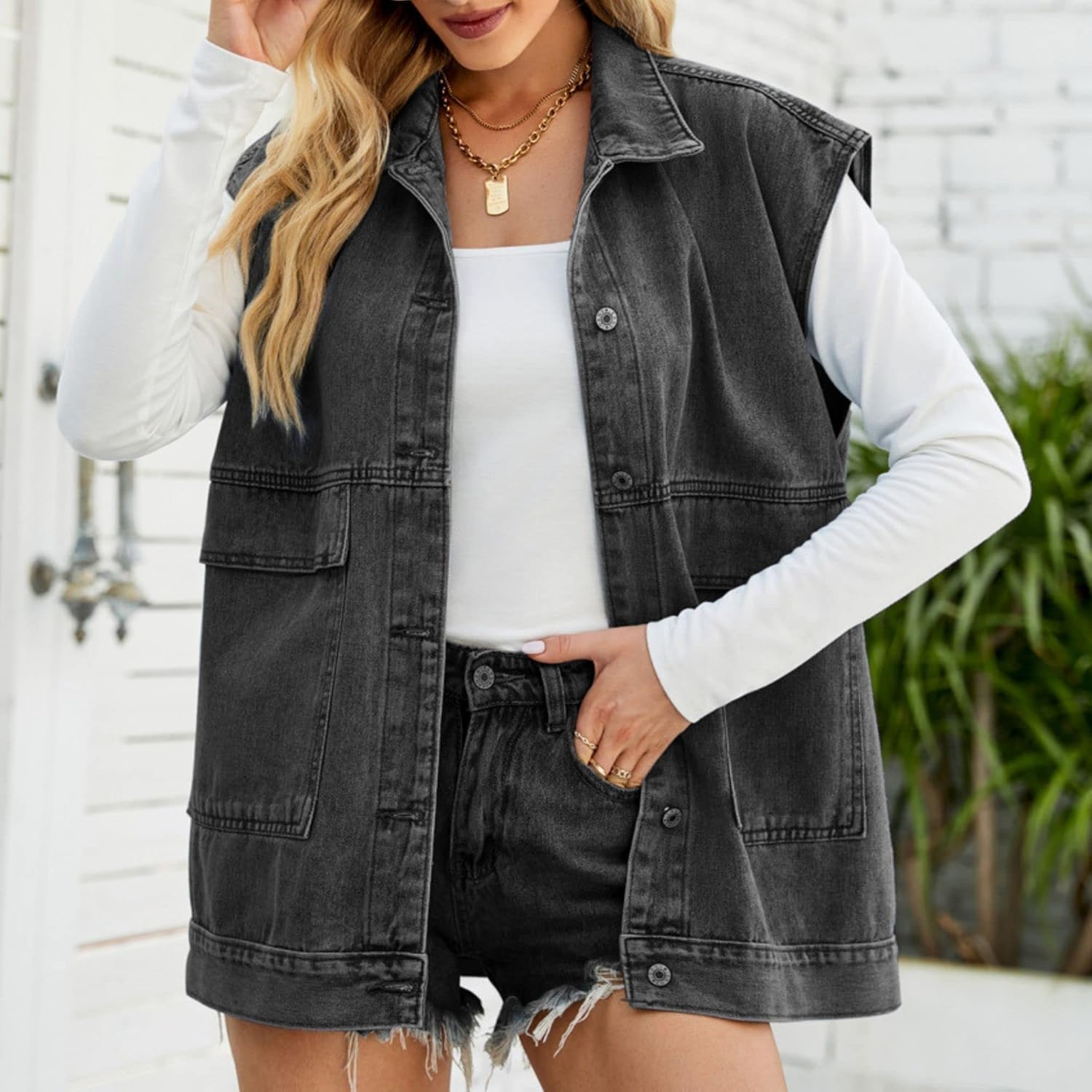 FindThy Women’s Vintage Denim Jean Vest Oversized Button Down Jean Waistcoat Gilet