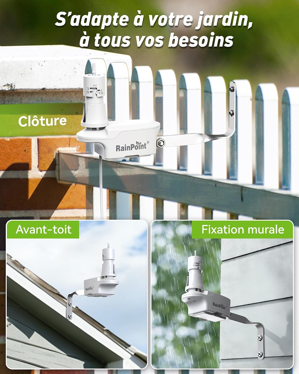 Images demonstrating various mounting options for the rain sensor: on a fence, under eaves, and wall-mounted.