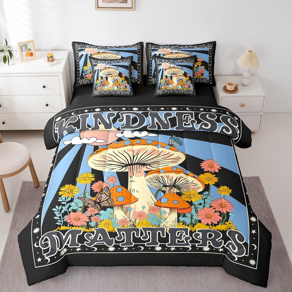 Erosebridal Mid Century Modern Bedding Comforter Sets 7 Pieces Moon Print Bed in a Bag Minimalism Mountain Twin Bedding Sets Geometric Landscape Comforter Set Abstract Art Bedding Sets & Collections