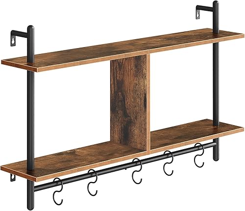 Estantes flotantes de tubería industrial, estante de pared de 2 niveles de 30.3 pulgadas con 5 ganchos, estante de almacenamiento con barra para