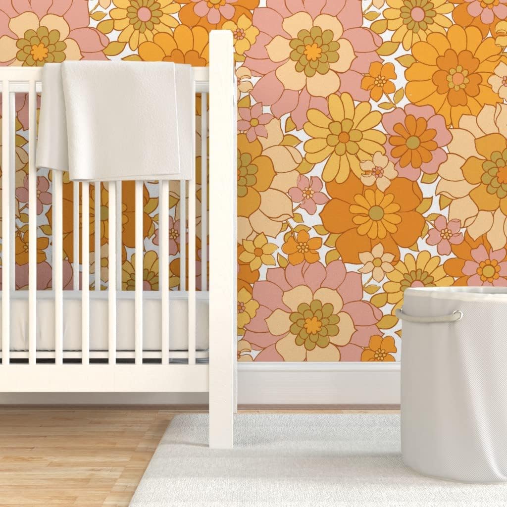 Spoonflower Peel & Stick Wallpaper 6ft x 2ft - Retro Floral White Vintage 70s Flower Power Custom Removable Wallpaper
