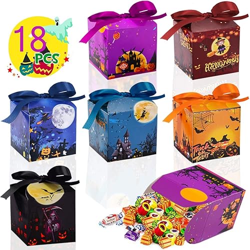 Pudiceva Bolsas de dulces de Halloween, 18 cajas de papel para Halloween, bolsas de regalo de galletas para regalos de fiesta de Halloween, bolsas
