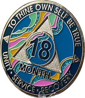 18 Month AA Medallion Elegant Marble Tahiti Teal Blue Pink and Aqua Glitter Gold Plated Sobriety Chip