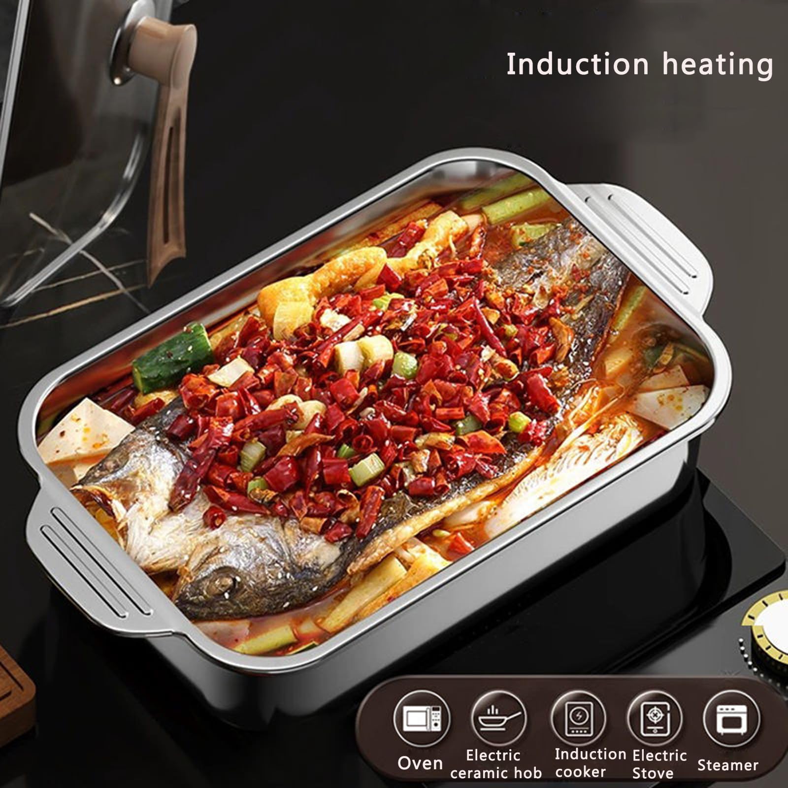Bandeja rectangular de acero inoxidable para lasaña, 5 tamaños, bandeja profunda para hornear pasteles, galletas, plato de comida para hornear panes, pavo, pescado, verduras (45 cm, poco profunda)