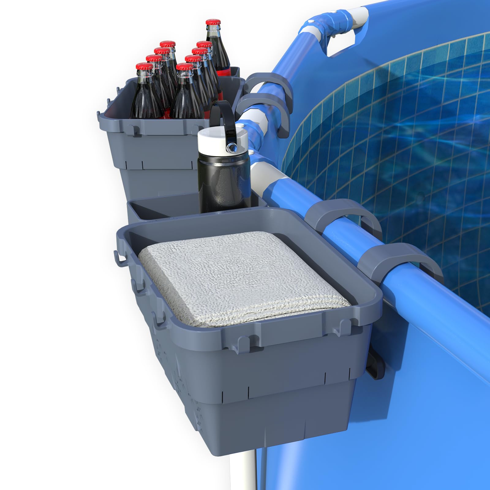 hyhenlil 2 pcs Poolside Storage Baskets (Gray), Above Ground Pool Storage Baskets with Adjustable Top Bars, Pool Toy Baskets/All-In-One Organizer for Most Framed Pools