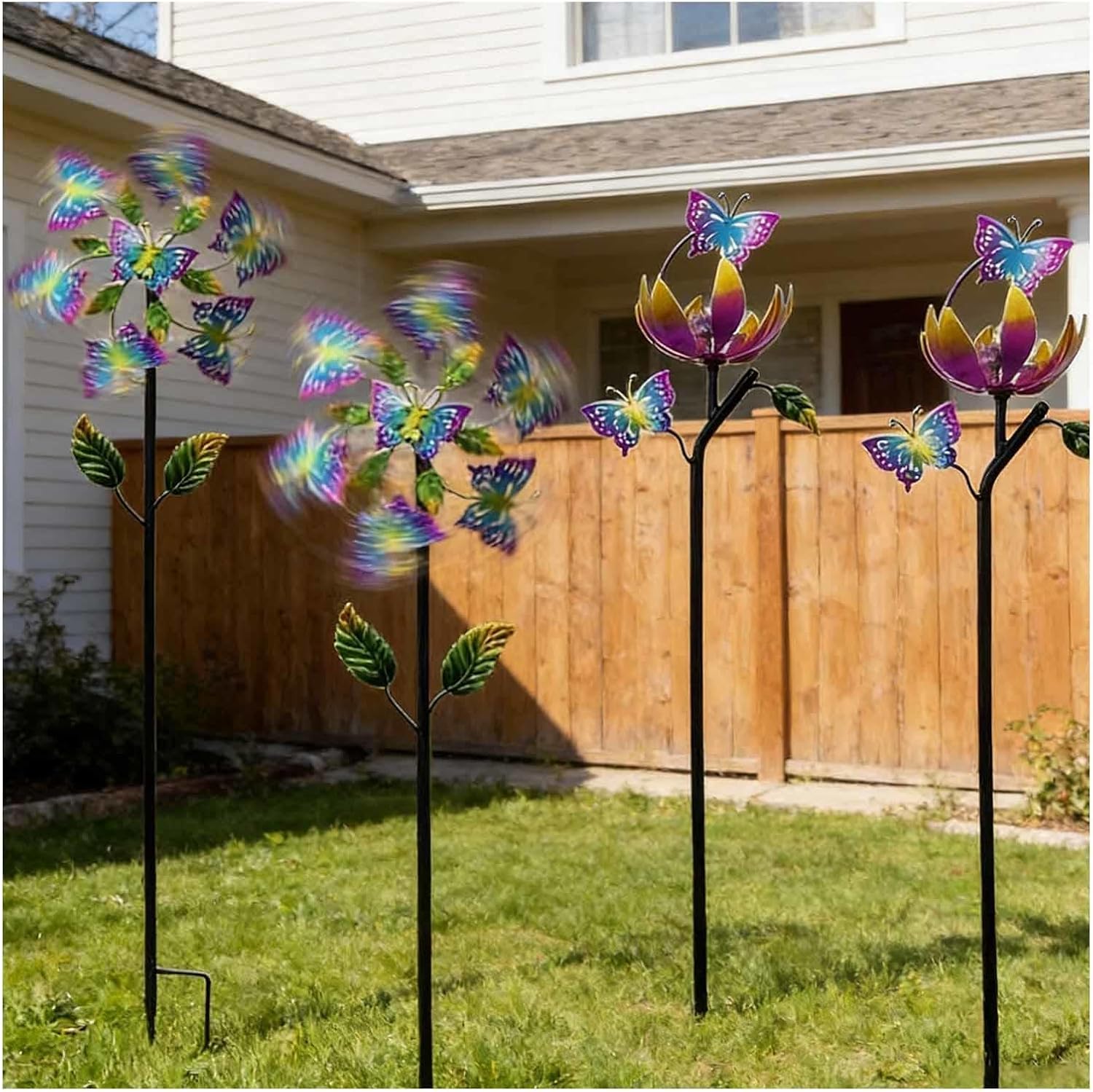 Butterfly Outdoor Windmill, 46 inch/117cm Garden Wind Spinners 360° Stainless Steel, Kinetic Wind Spinners Decor Gifts for Family Friends,A+B（4Packs）
